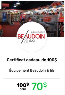 Certificat cadeau rabaischocs de 100$ chez Équipement Beaudoin & fils offert à 70$.