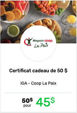 Certificat cadeau rabaischocs de 50$ chez IGA Coop La Paix offert à 45$. 