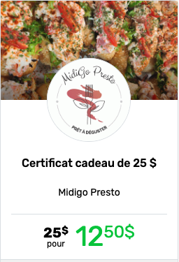 Certificat cadeau rabaischocs de 25$ chez MidiGo Presto offert à 12,50$.