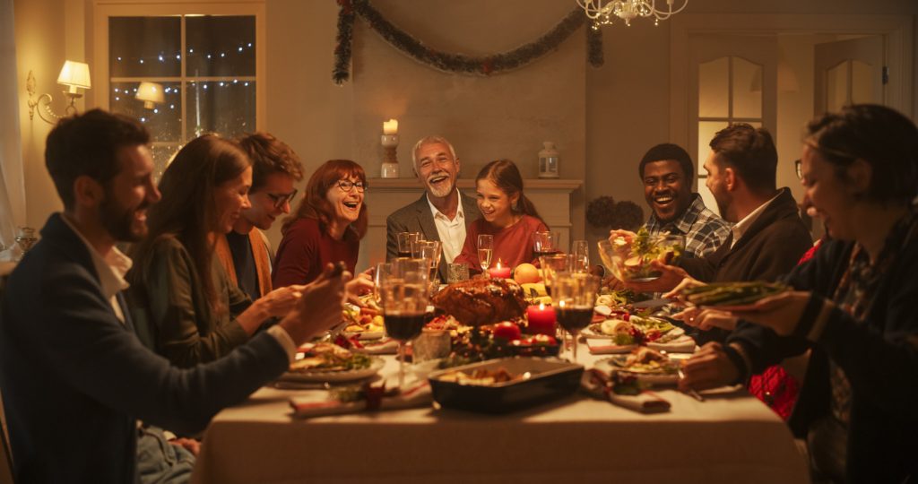 Famille multigénérationnelle célébrant les fêtes autour d'un copieux repas dans le plaisir et les rires.