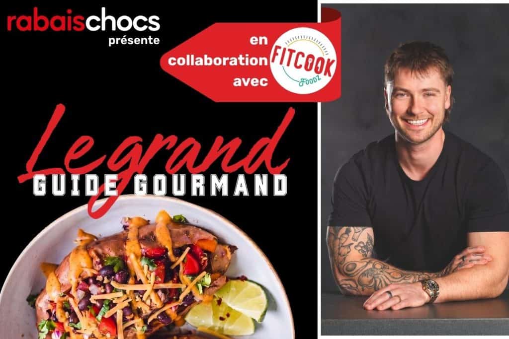 Visuel du Grand Guide Gourmand avec recette de patates douces à gauche et photo du Fit Cook à droite
